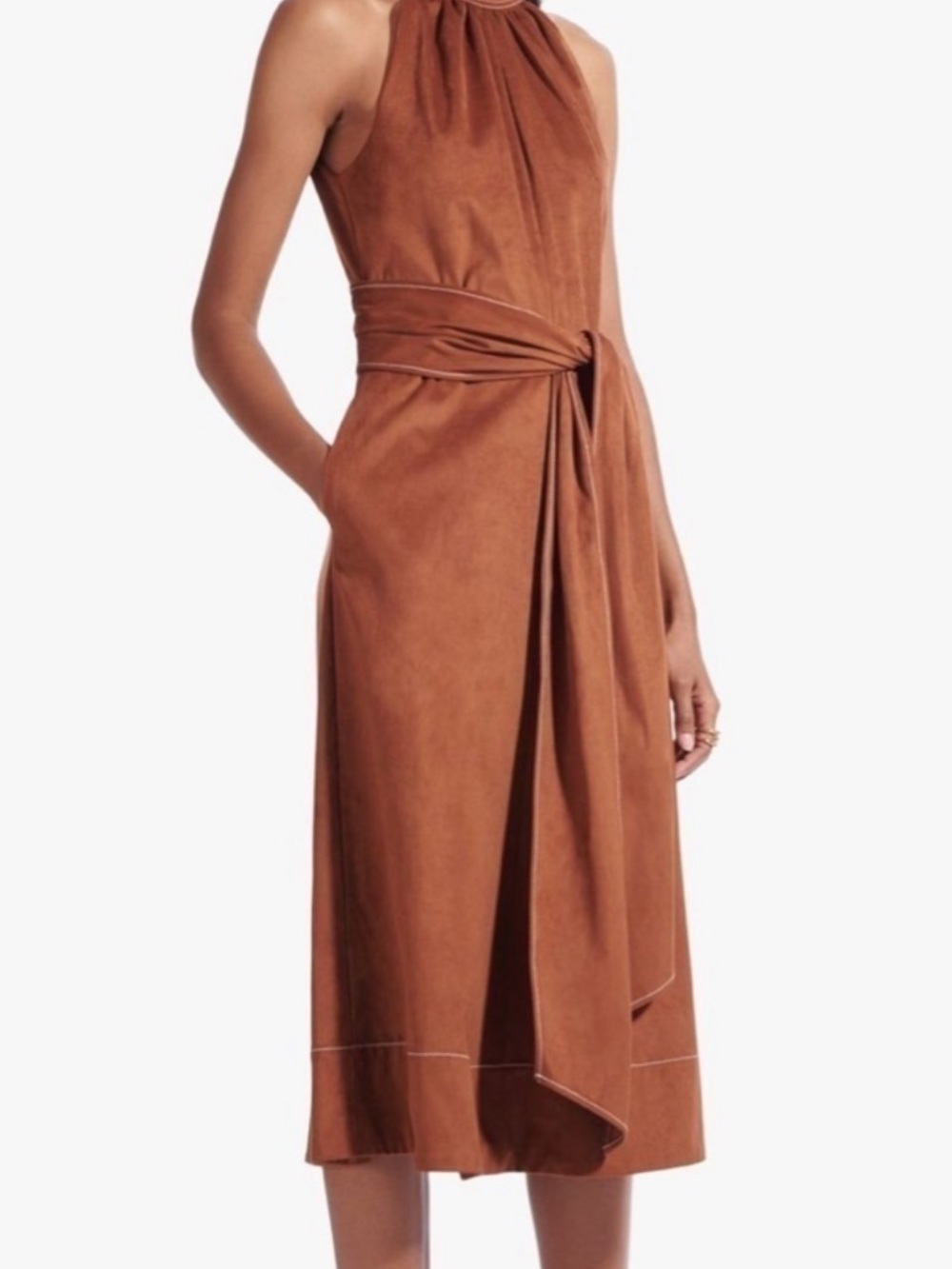 STAUD new Halter Midi Dress with Waist Tie suede